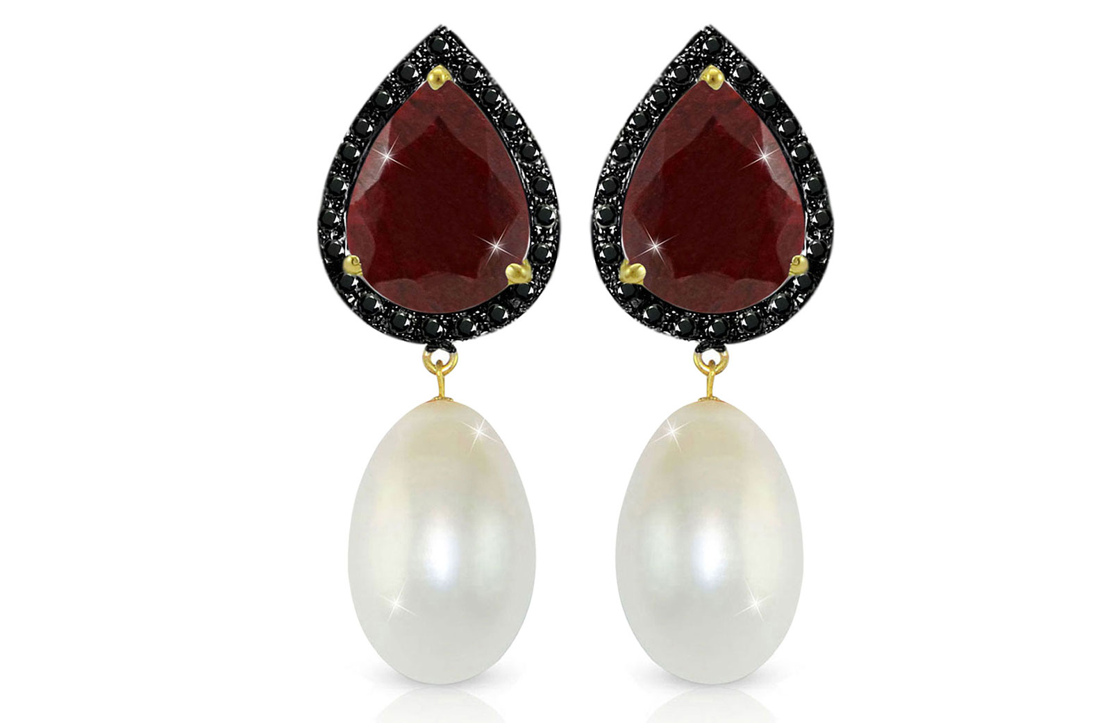 Vera Perla 18K Gold 0.24ct Black Diamonds, Ruby and 13mm White Pearl Earrings